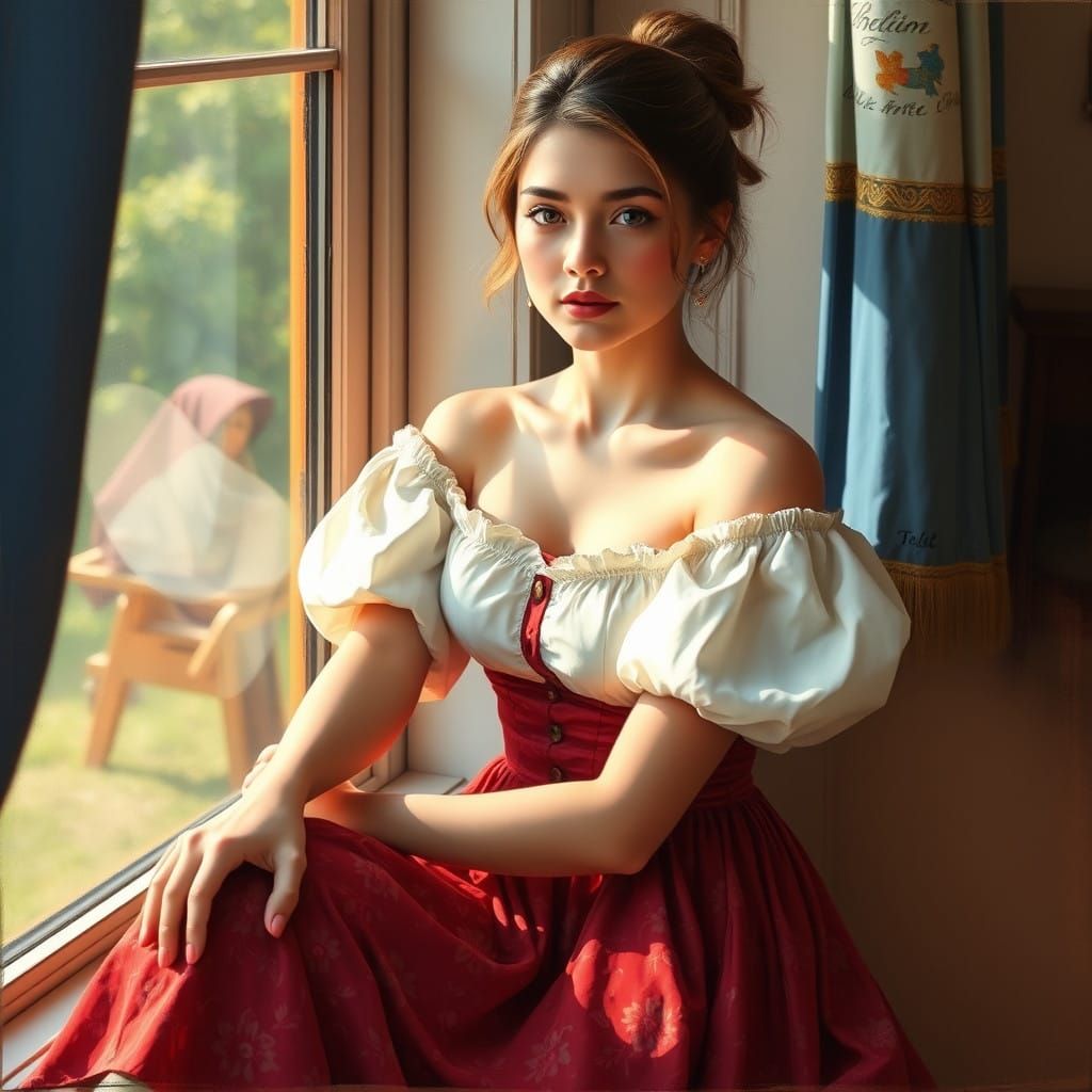Woman in Classic Painted Portrait with Vintage Dress and Flo...