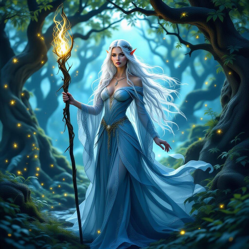Mystical Elven Woman in Enchanted Grove