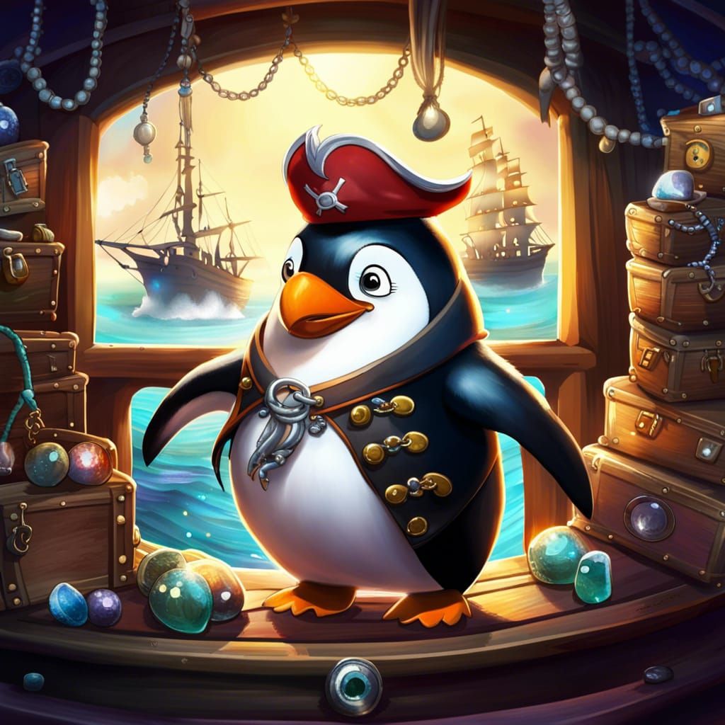 Pirate Penguin Guarding Treasure on Ship Deck