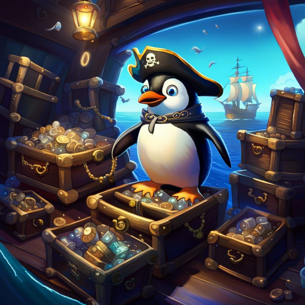 Pirate Penguin Guarding Treasure on Deck