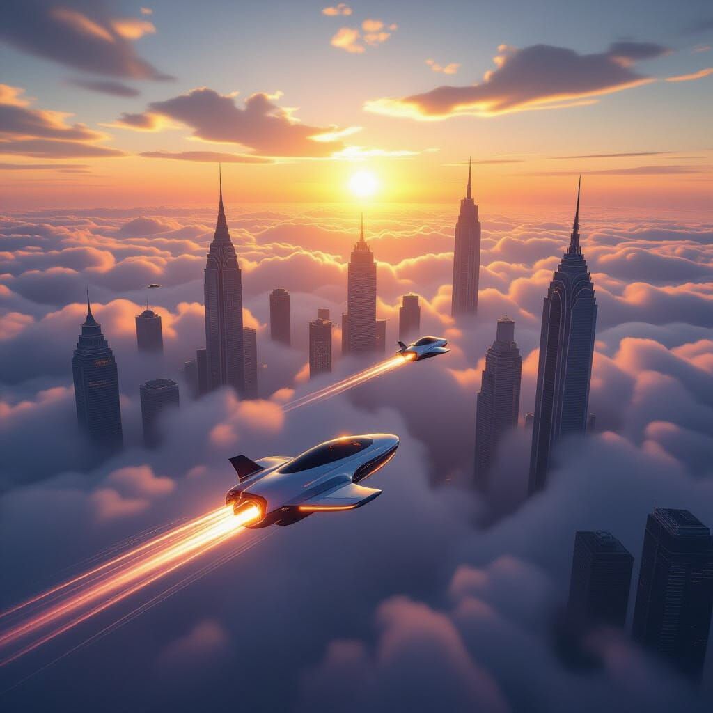 Futuristic Cityscape at Dawn in Art Deco Style