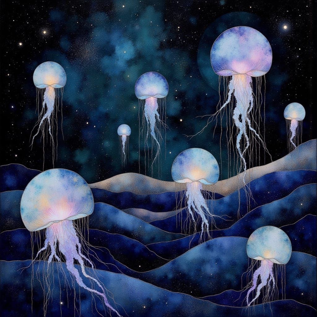 Bioluminescent Jellyfish Ballet in Surreal Neon Watercolour