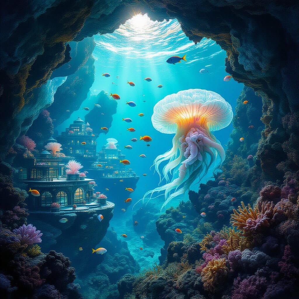 Coral Reef City in Geode with Bioluminescent Life