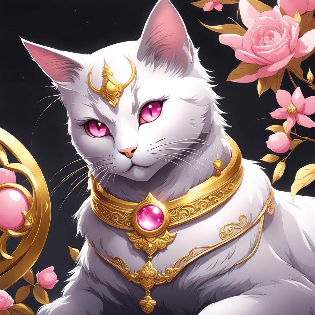 Grey Kitten with Gold Crescent in Anime Style