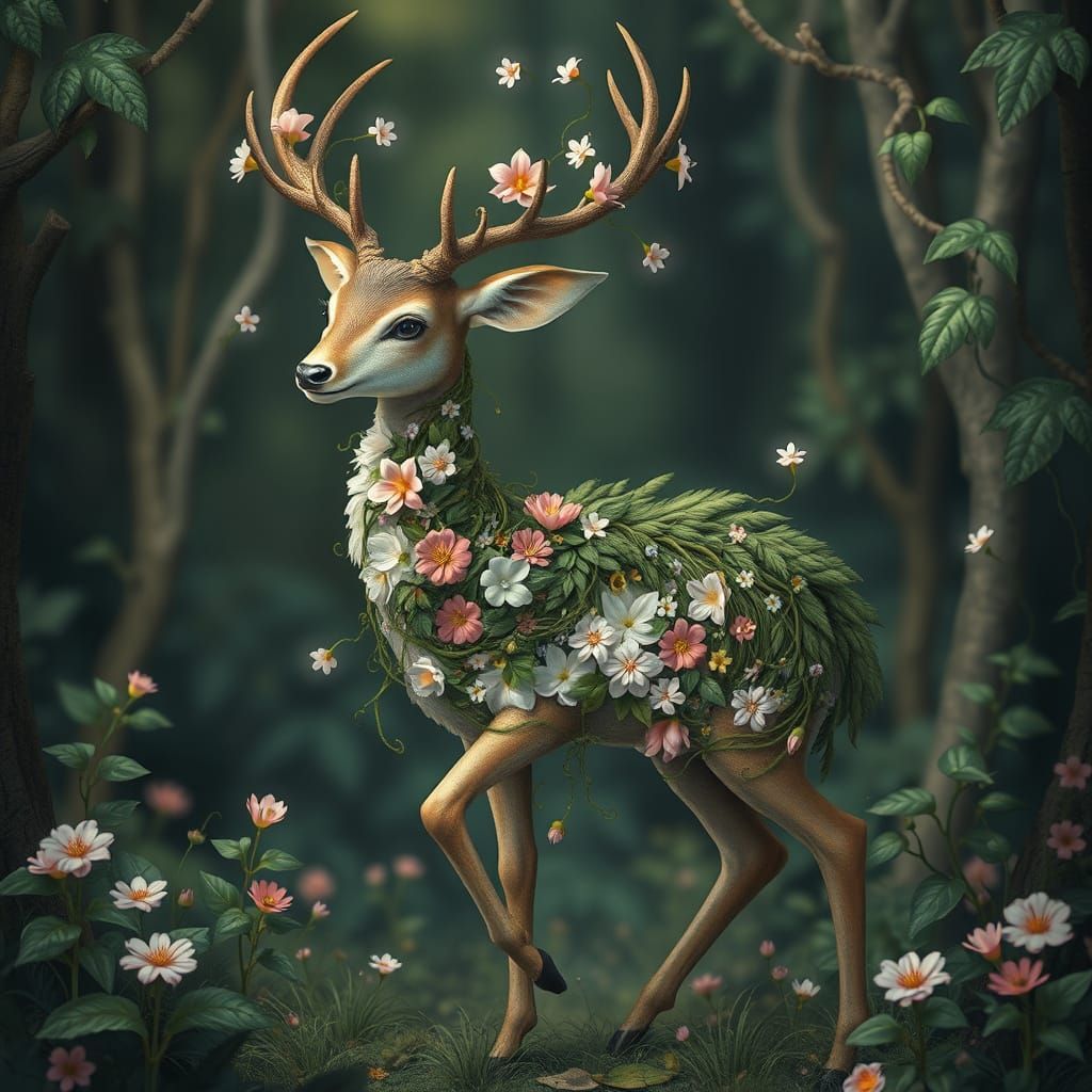 Floral Deer in Whimsical Forest Art