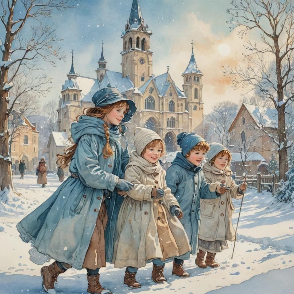 Children Playing in Winter Snow, Art Nouveau Style