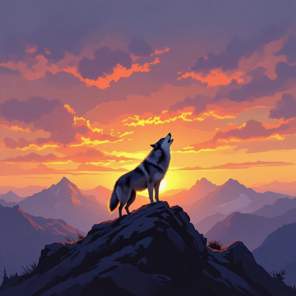 Majestic Wolf Howling at Sunset on Mountain Peak