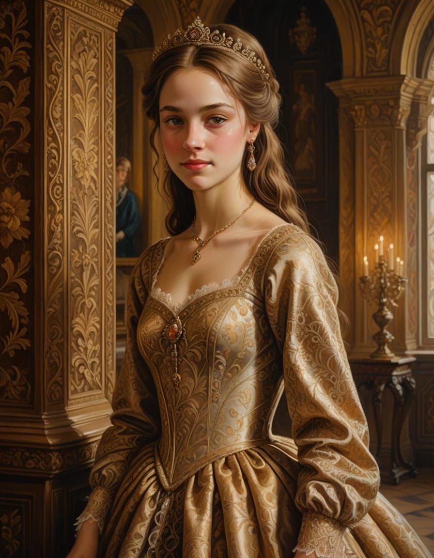 Elegant Princess in a Palace, Renaissance Oil Painting