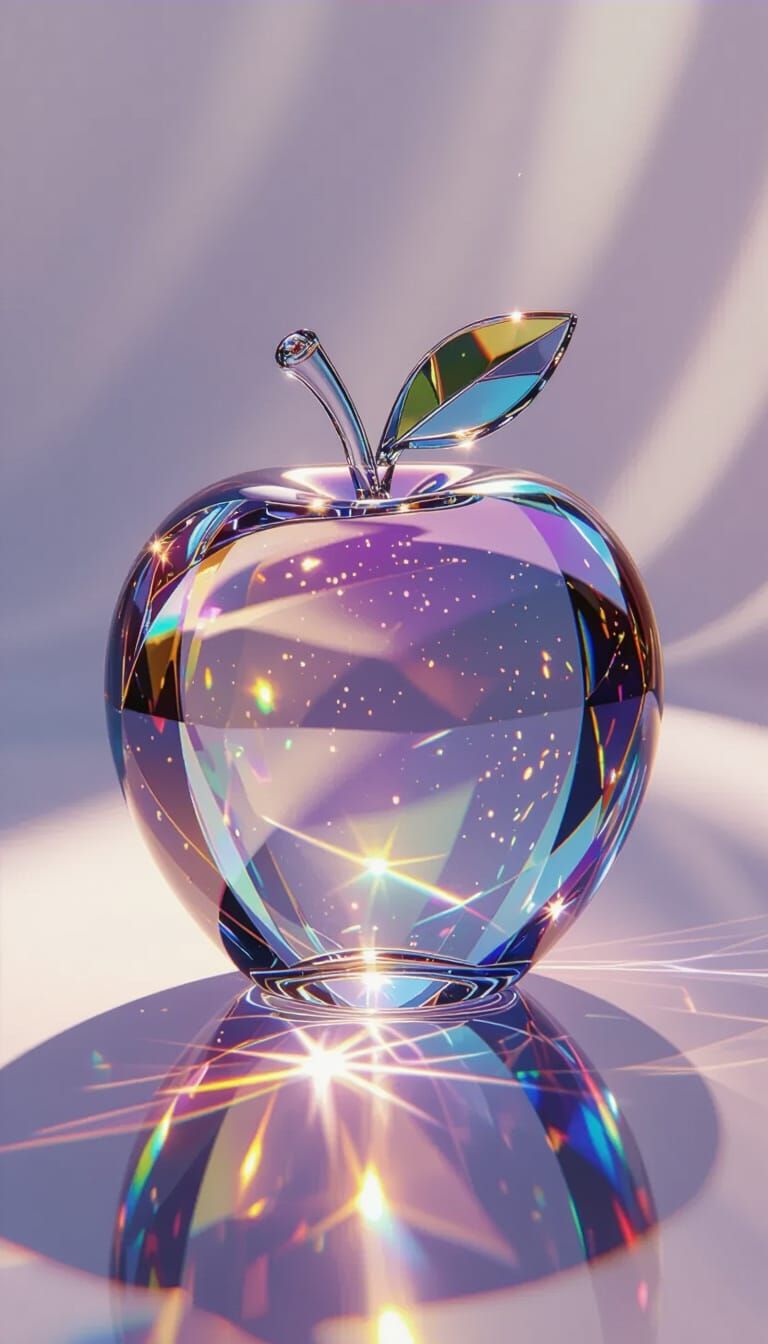 Crystal Apple Sculpture with Rainbow Reflections