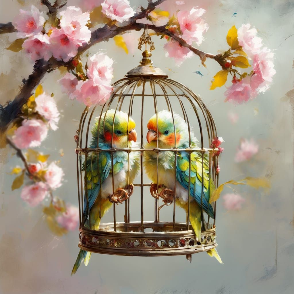 Parrot Chicks in Ornate Birdcage Matte Painting