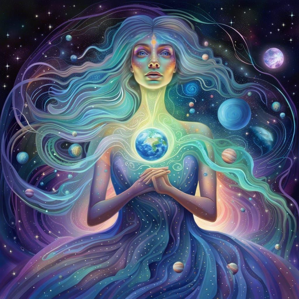 Earth Mother Holographic Astral Illustration in Mixed Media