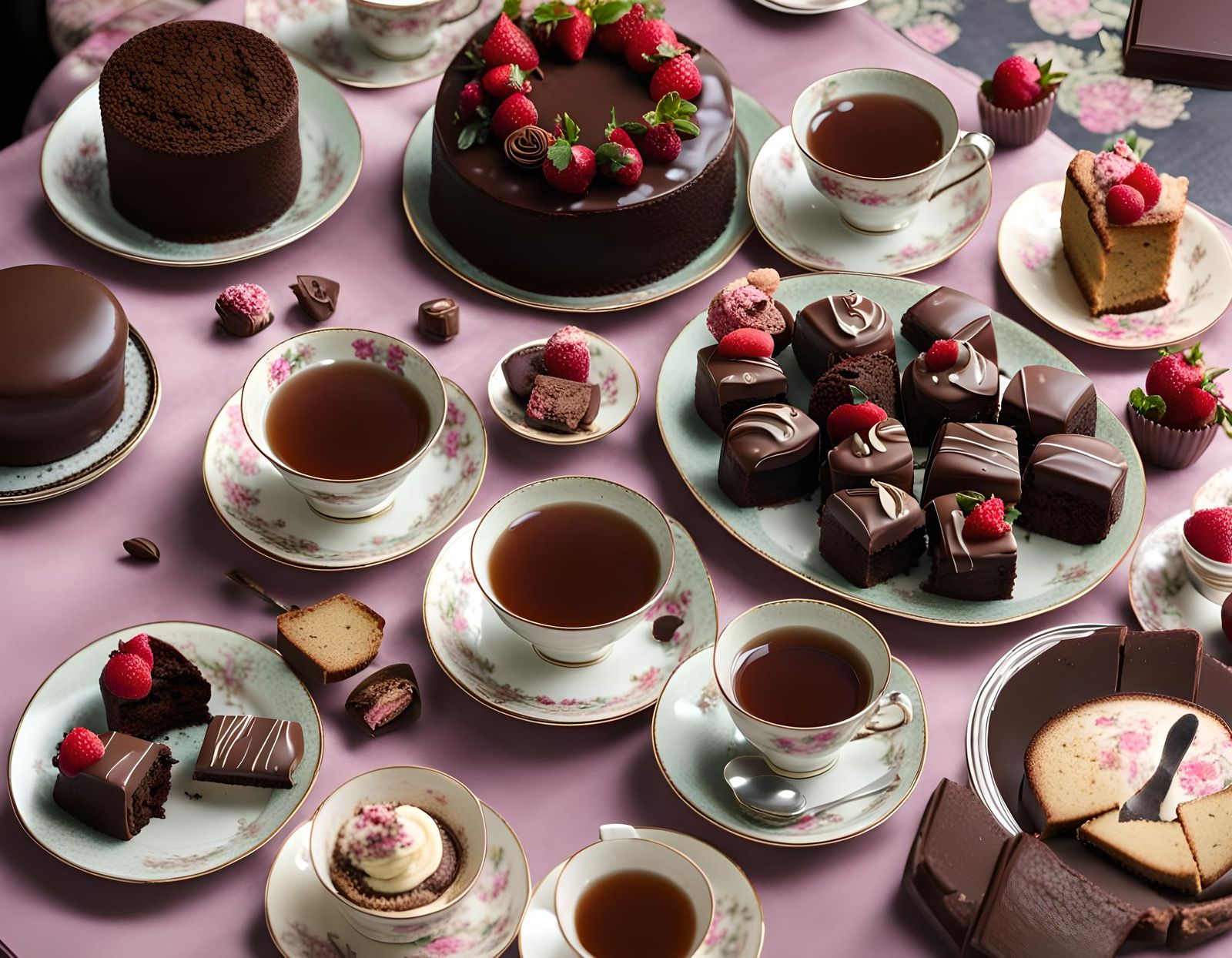 Elegant Still Life of Tea, Chocolate, and Cakes