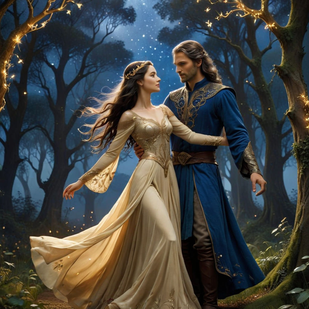 Beren and Lúthien dancing in a forest