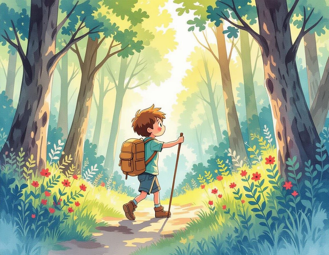Cheerful Boy Adventuring in Forest Watercolor Painting