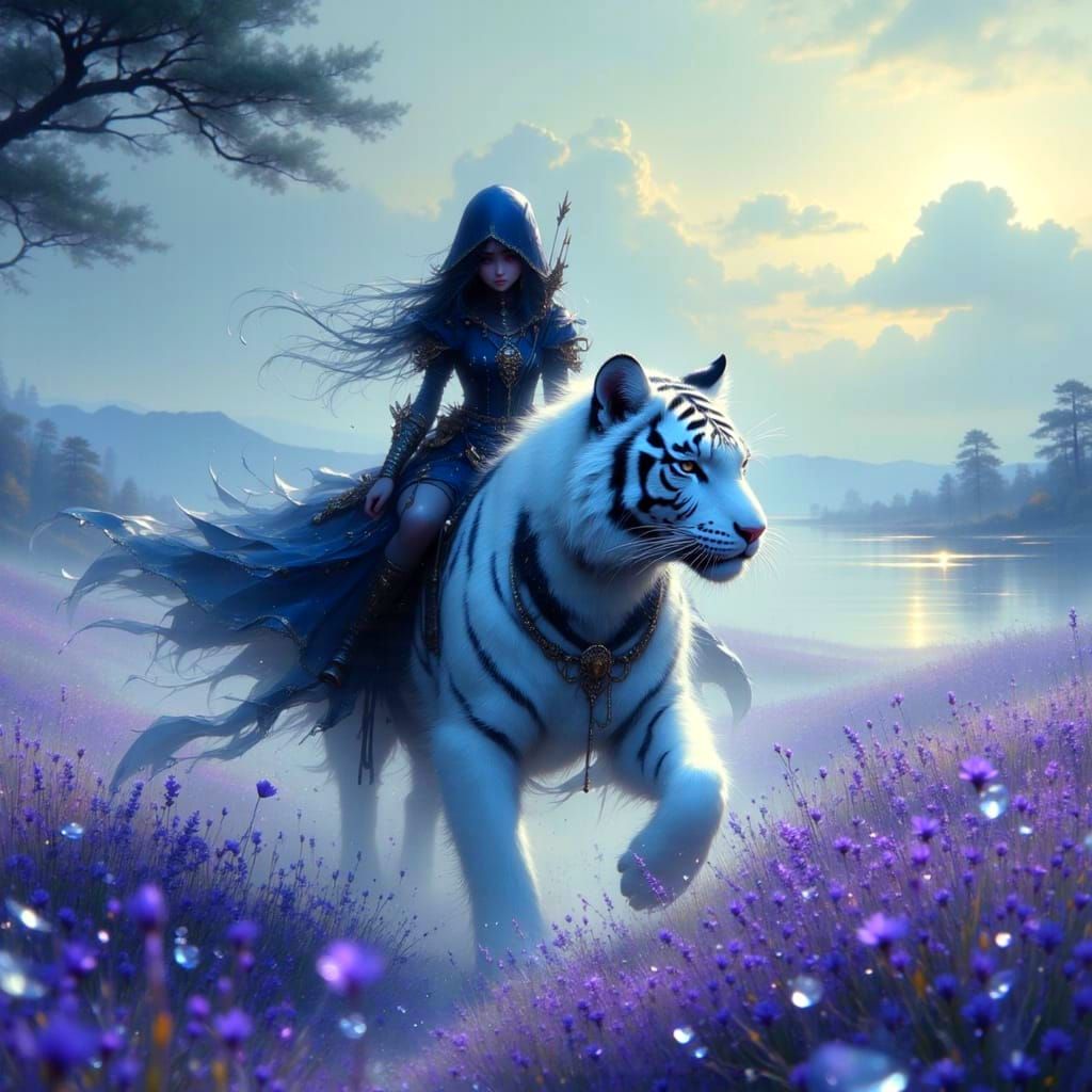 Elven Huntress on White Tiger in Lavender Field