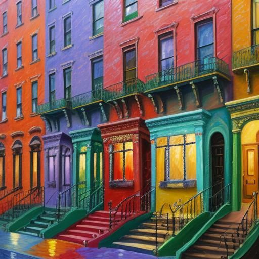 Surreal Brownstones, New York City: Expressionist Oil Painti...