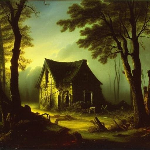 Dark Forest Cottage Ruins: Oil Painting Masterpiece