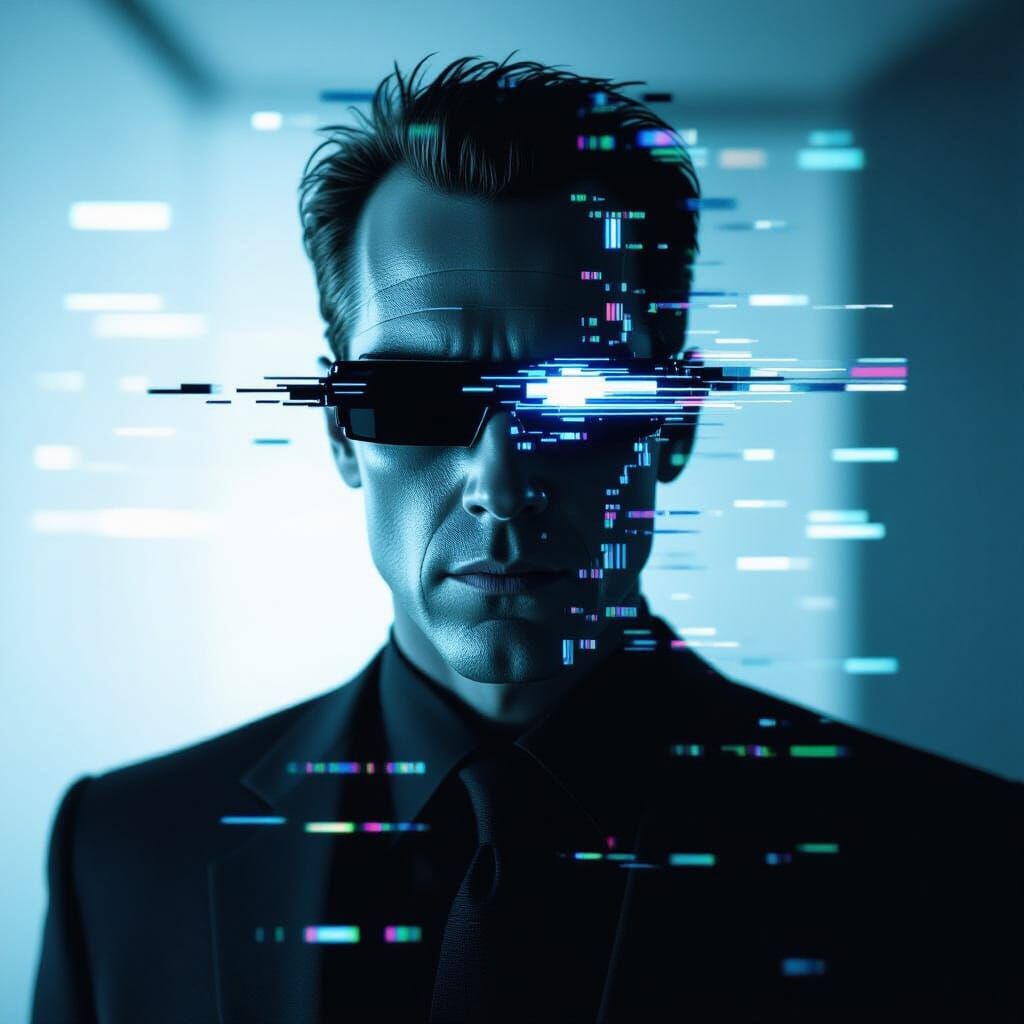 Glitched Max Headroom in a Broken Frame