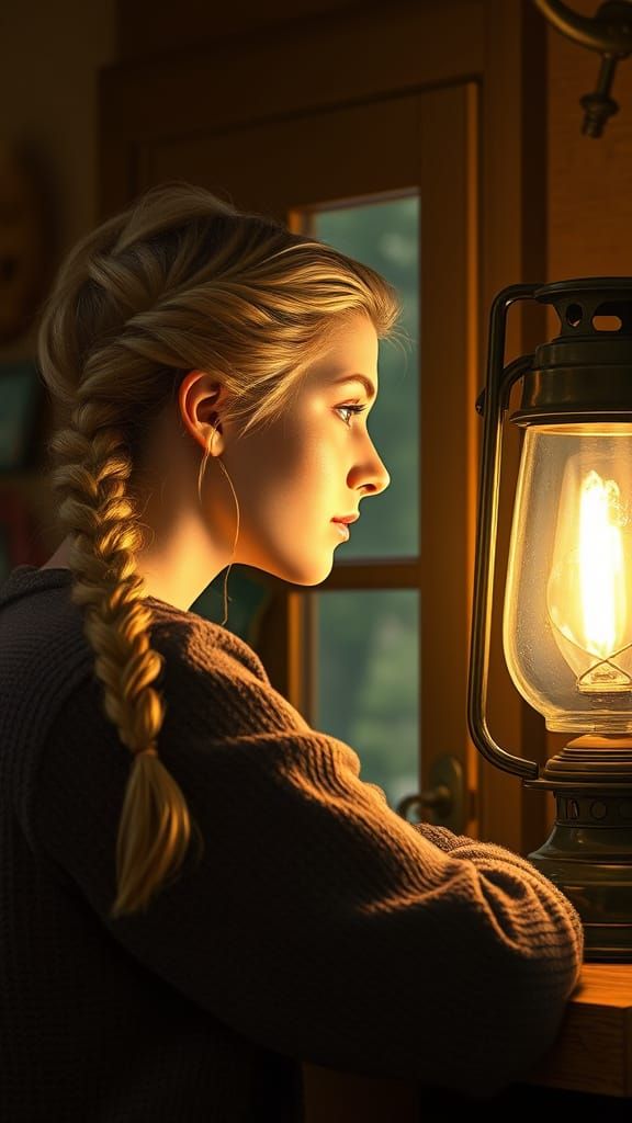 Woman Studying by Gas Lamp in Cozy Atmosphere