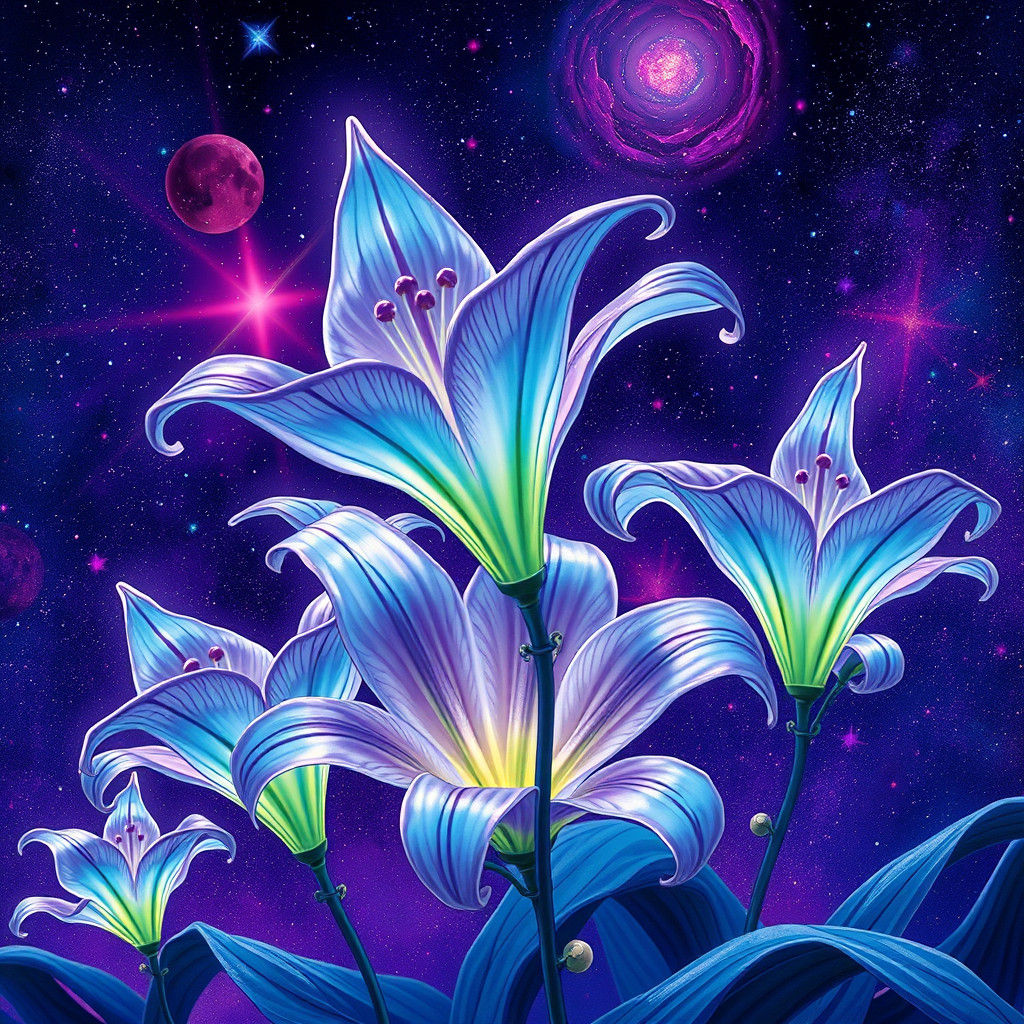 Galactic Lily Flowers Bloom in Starry Night Sky
