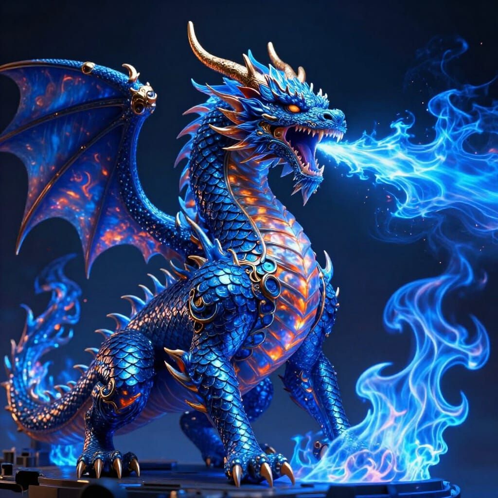Turbo Engine Dragon Roaring Blue Fire in Cinematic Style