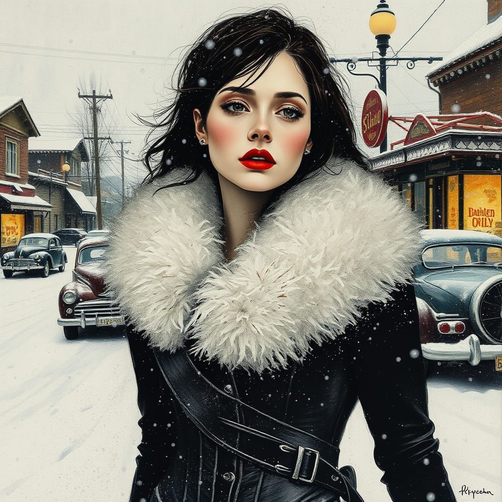 Woman in a Snowstorm, Vintage Cars and Shops