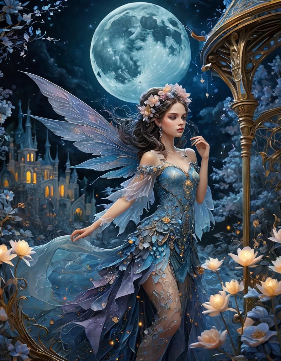 Night Magic Fairy on Moonlit Landscape