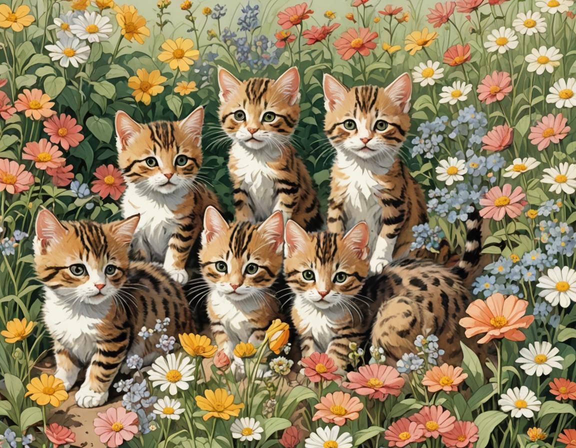 Adorable Kittens in Flower Garden Illustration