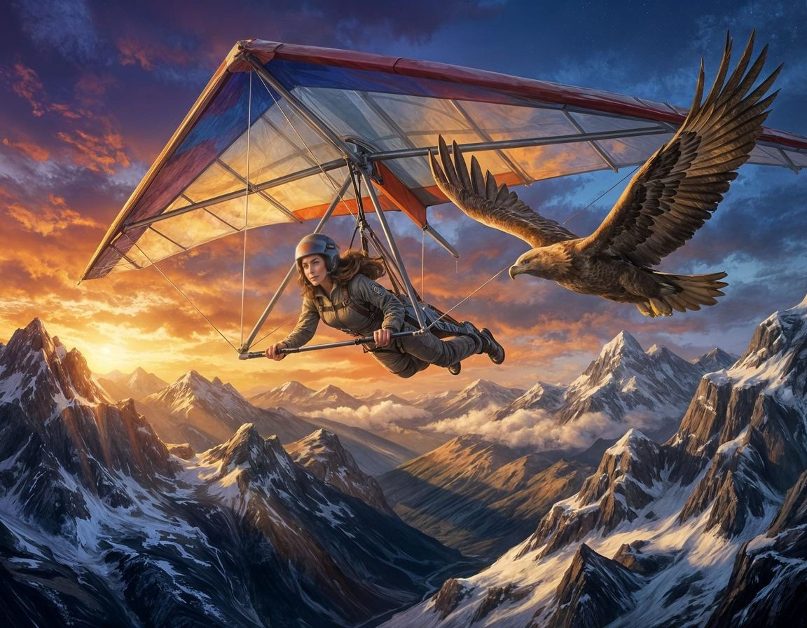 Woman Hang Gliding Over Mountains with Eagle