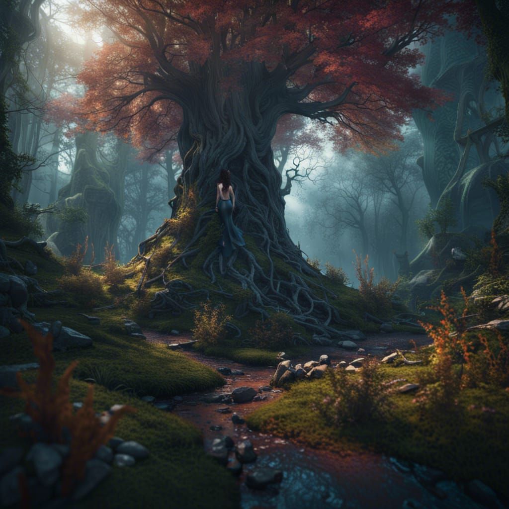 Brunette in Wild Forest: Detailed Matte Painting