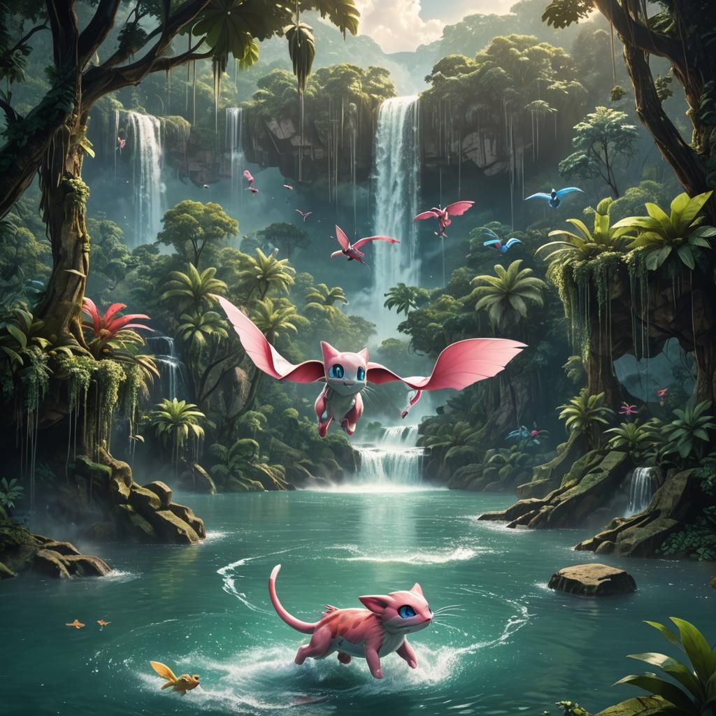 Mew from pokemon flying over a lake with a watterfall in the...