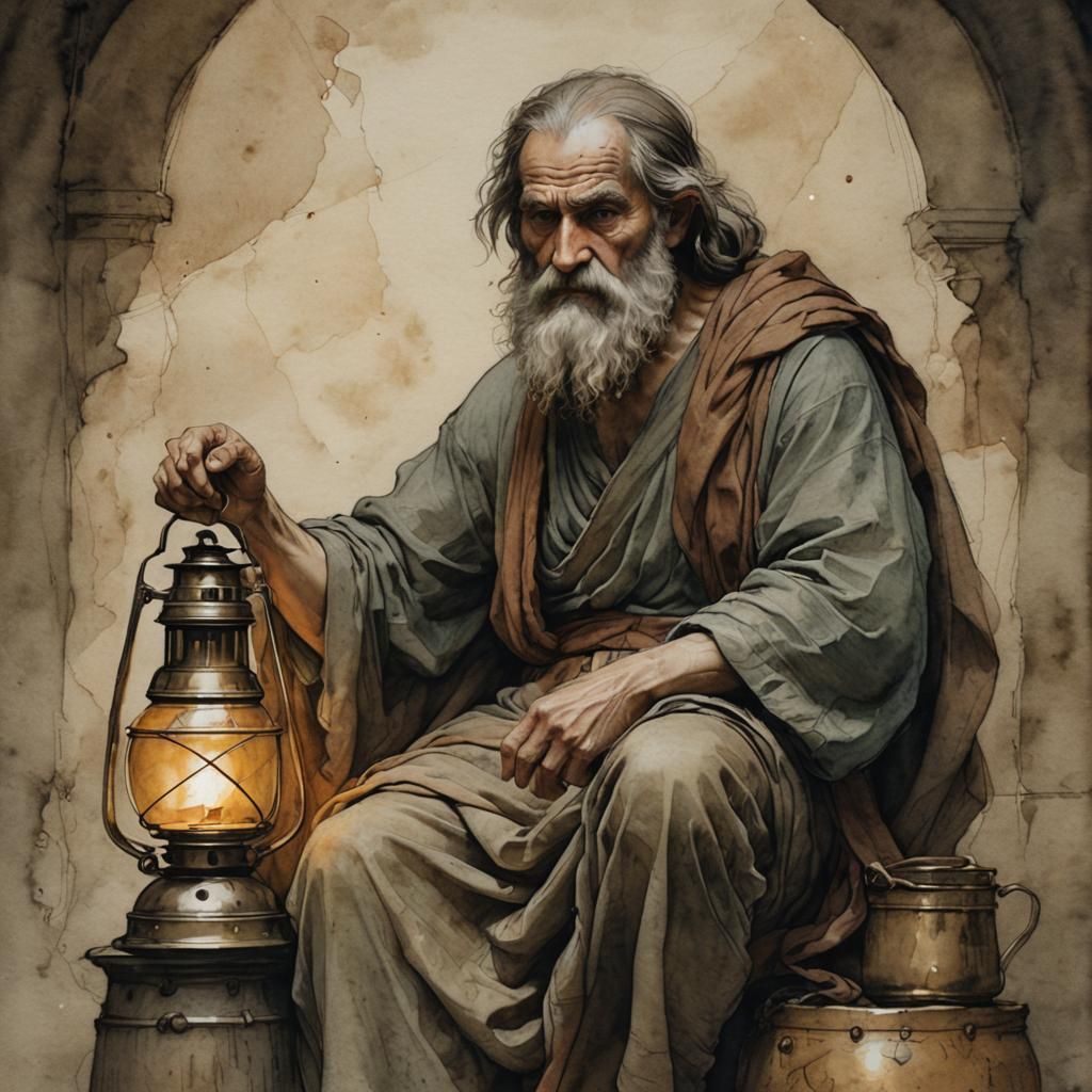 Diogenes of Sinope: Chiaroscuro Lantern in Watercolor