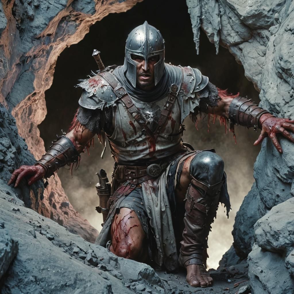 12th century crusader, bleeding, wounded, dirty and in torn ...