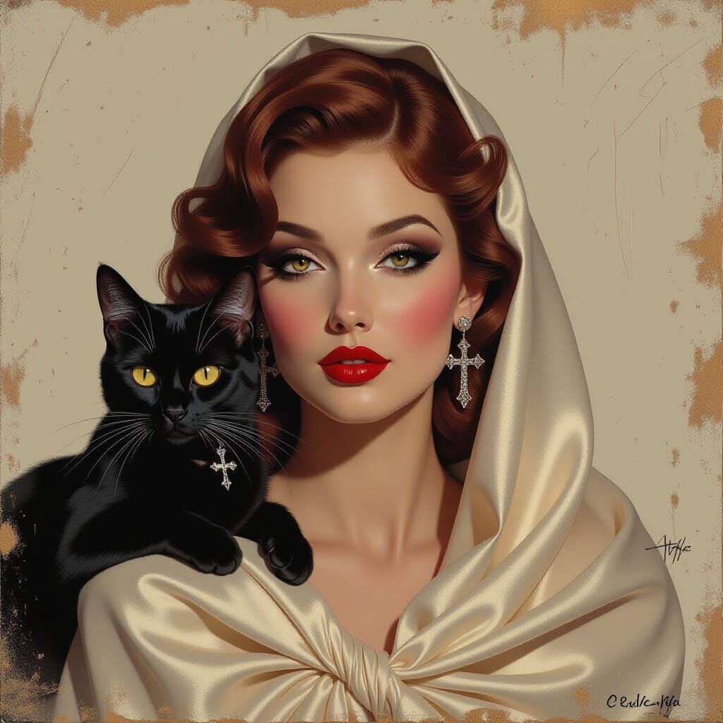 Woman with Black Smoky Eyes and Black Cat Portrait