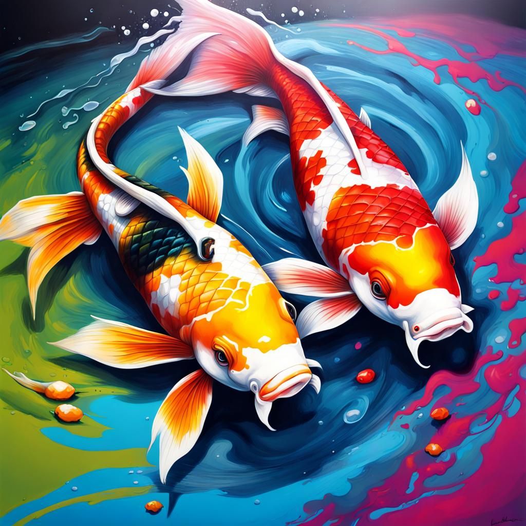 Koi Fish in Rainbow Graffiti Splash Art