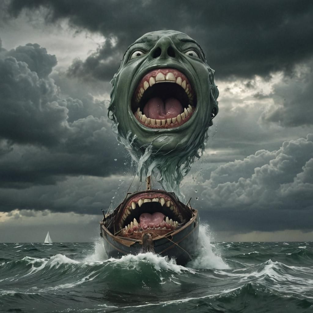 Ocean Mouth Swallowing Boat in Surrealist Style
