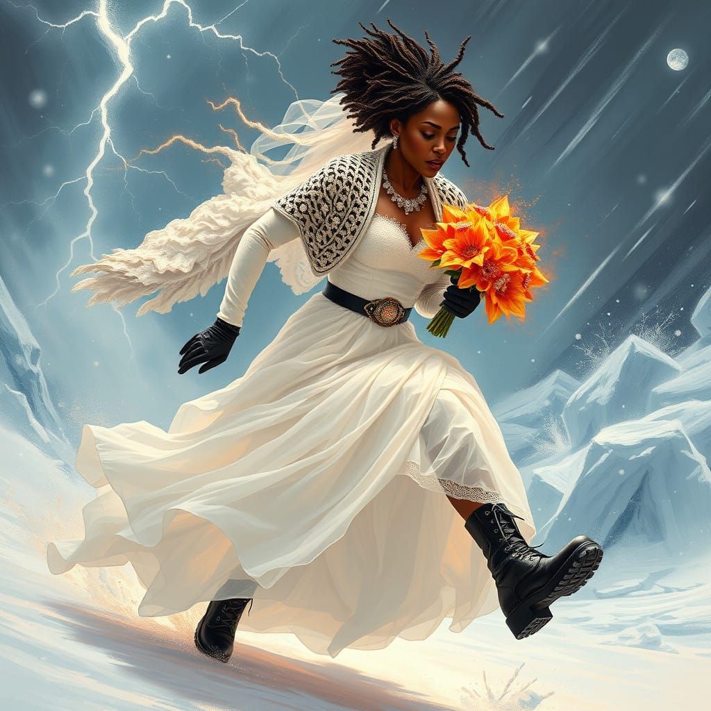 Regal Afrofuturist Bride in a Stormy Escape
