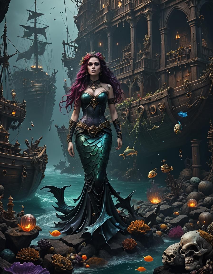 Gothic Evil Mermaid with Shipwreck Treasure