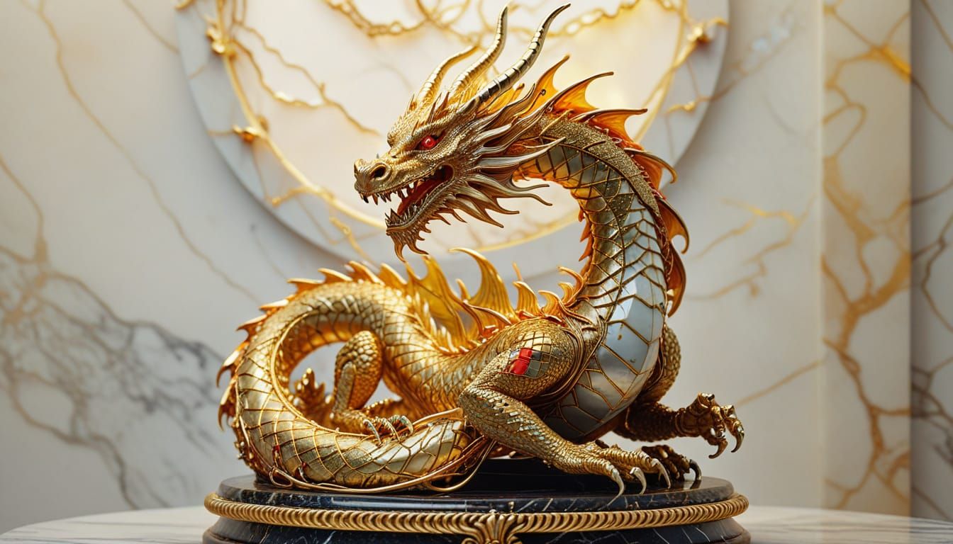 Golden Wire Dragon Sculpture in Abstract Expressionism Style