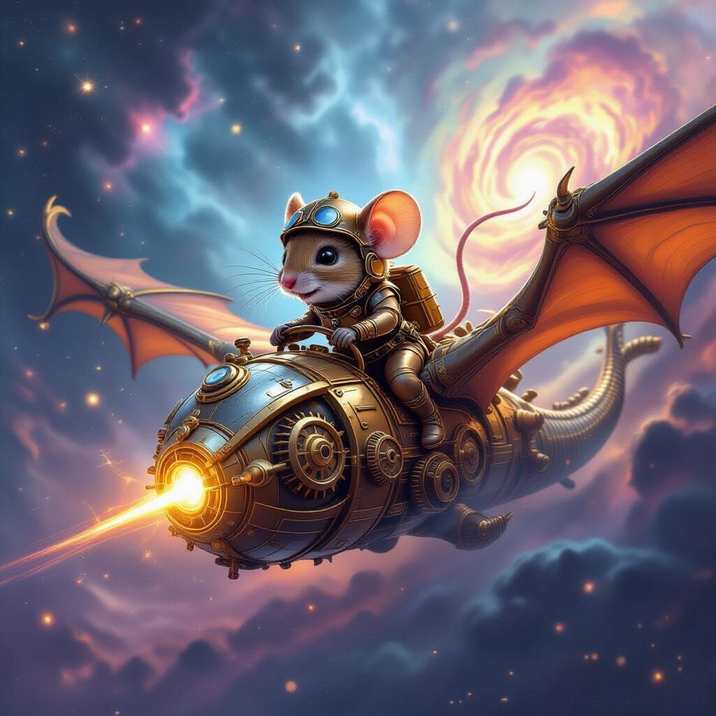 Steampunk Mouse Pilots Clockwork Dragon Through Nebula