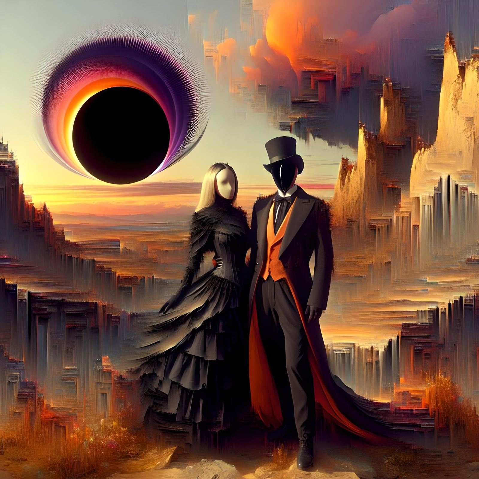 Gothic Couple Gazing at Glitchcore Black Hole