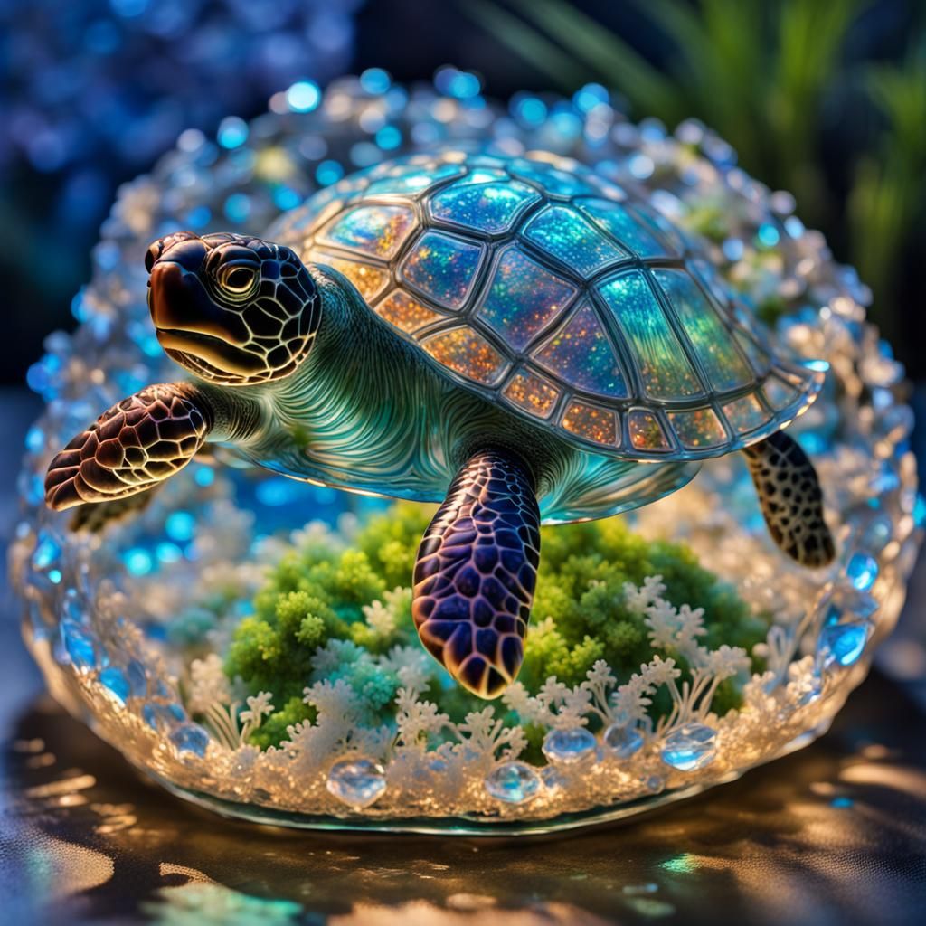 Bioluminescent Crystal Turtle Sculpture in Sparkling Colors