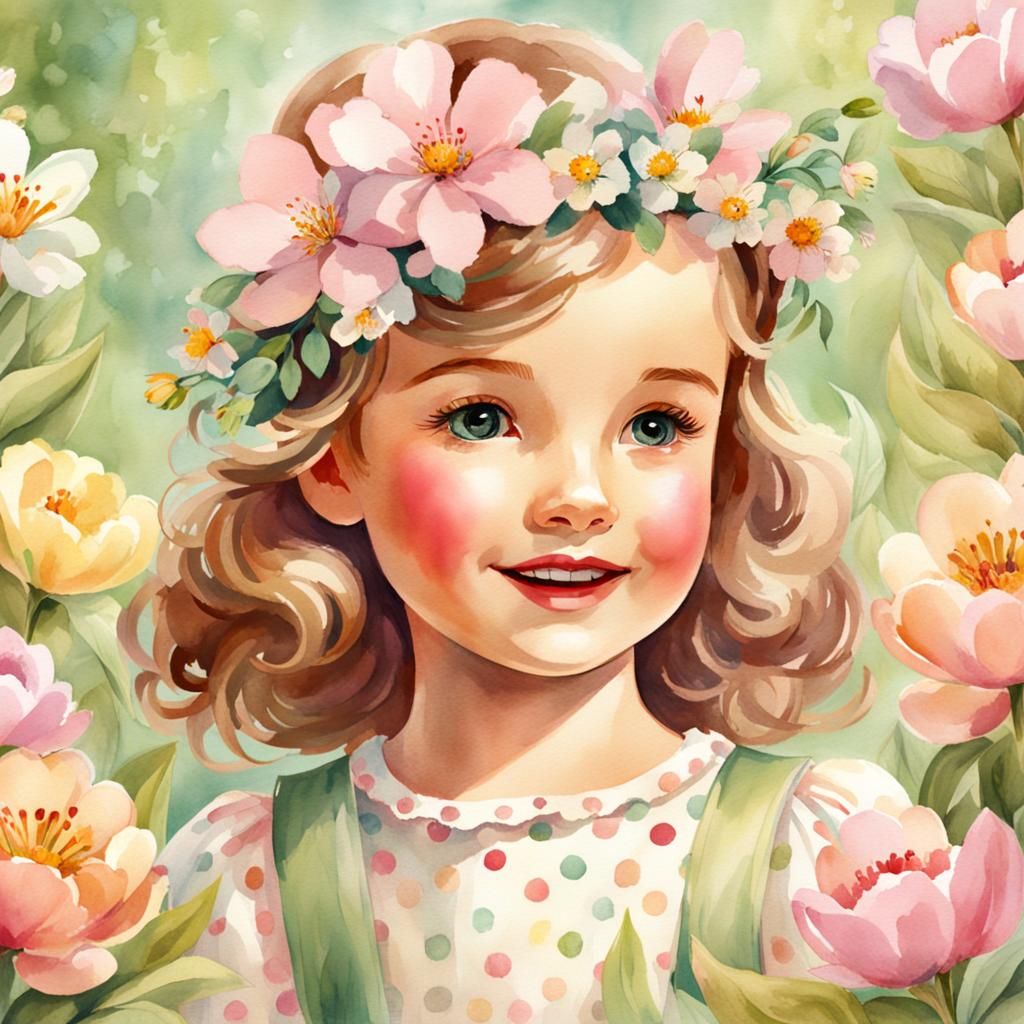 Watercolor Easter Illustration: Retro Girl in Floral Fantasy