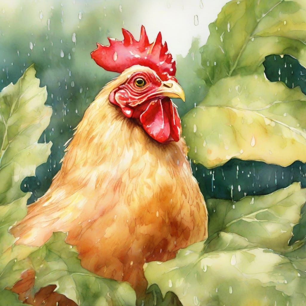Whimsical Chicken Under Rhubarb Leaf Watercolor