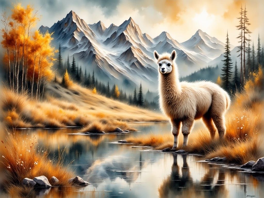 Golden Alpaca Amidst Alpine Splendor in Impasto Oil Painting