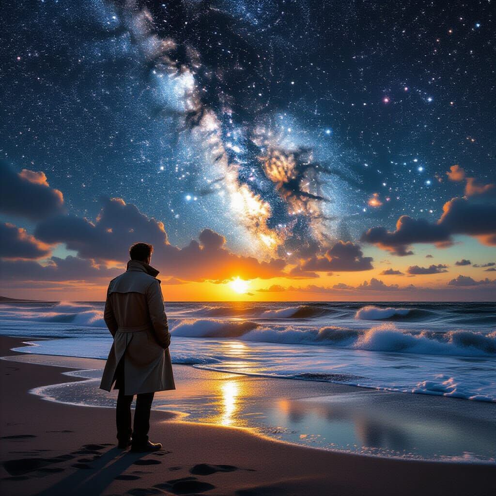 Man Gazes at Cosmic Ocean on Starry Beach