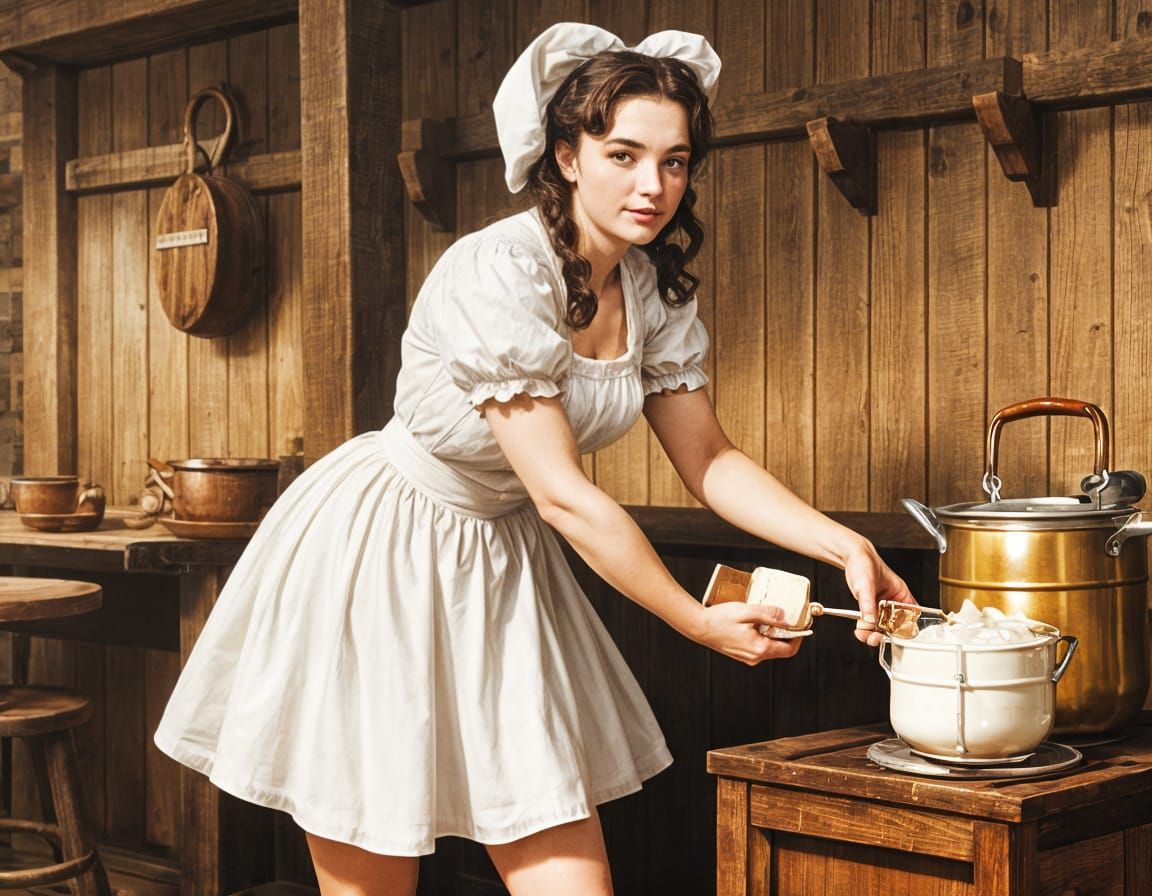 Woman Churning Butter in Rustic Setting
