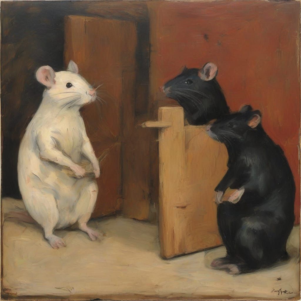 Mice Rescue Rat From Mousetrap in Rublev and Soutine Style