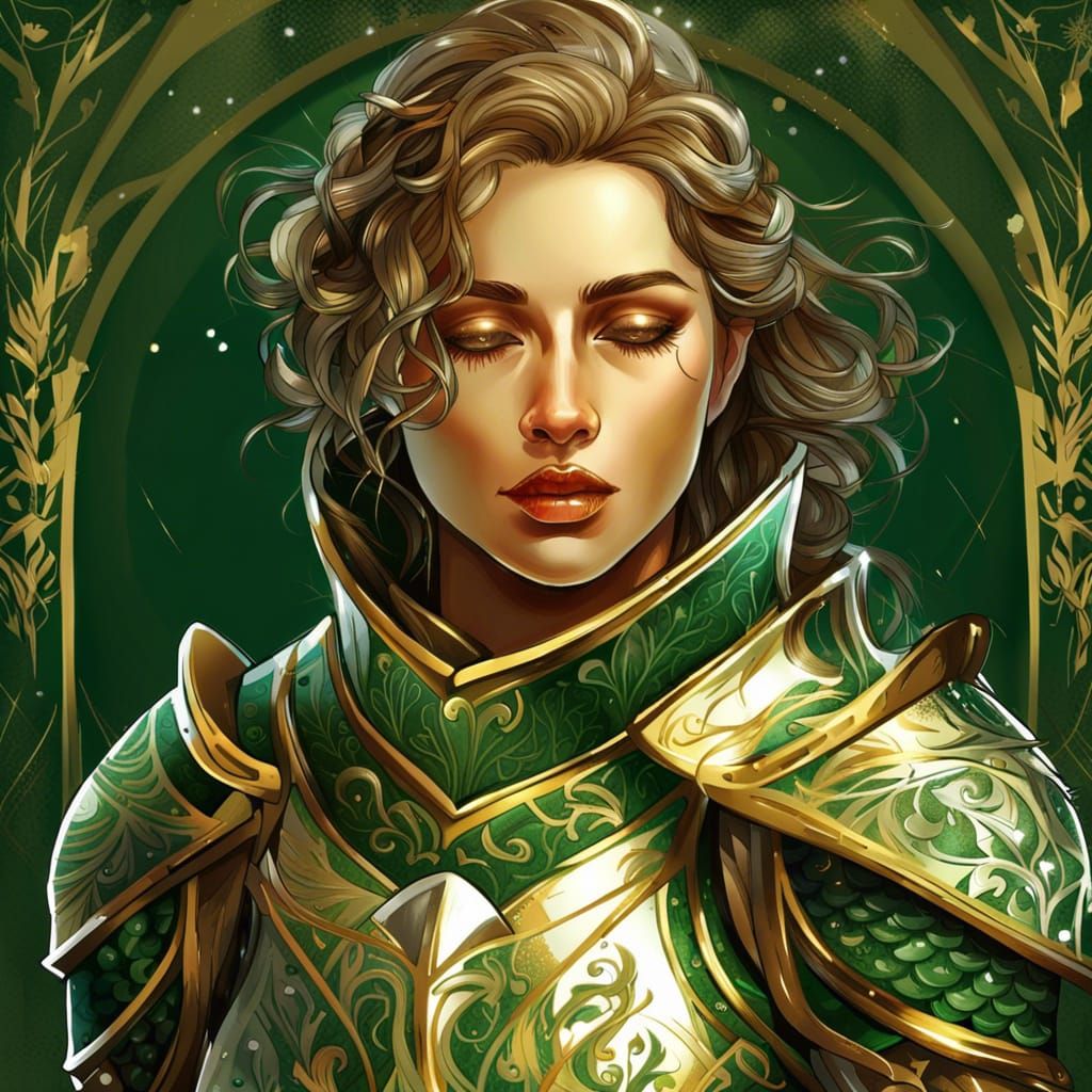 Crying Knight Lady in Green and Gold Armor