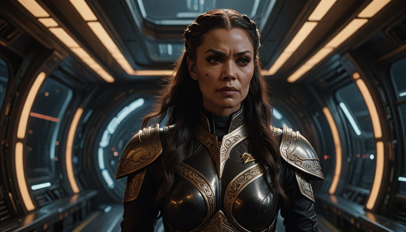 Regal Female Klingon Captain on Starship Bridge in Latex Uni...